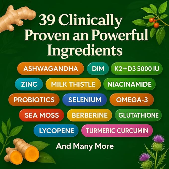 39-in-1 Skin, Gut & Hormone | Cortisol Support – with DIM, Zinc, Probiotics, Ashwagandha, Turmeric & Antioxidants – Clinically-Backed Supplement for Women & Men – Acne, Immune & Detox – 90 Capsules