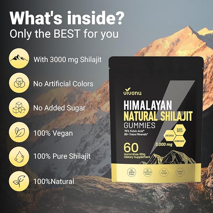 Shilajit Gummies, Shilajit micronutrient supplement, Himalayan premium ingredient Shilajit - Ashwagandha, Gokshura, Fulvic Acid & 85+ Trace Minerals I for Men, Women I Non-GMO I 100% Natural & Organic