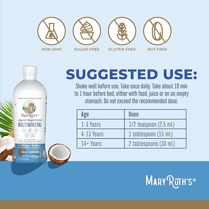 MaryRuth's Liquid Nighttime Multimineral | Sugar Free | Calm Magnesium Citrate | NO Melatonin | Calcium Magnesium Zinc | Muscle Relaxation | Available in 4 Flavors | Vegan | Gluten Free | 15 Servings