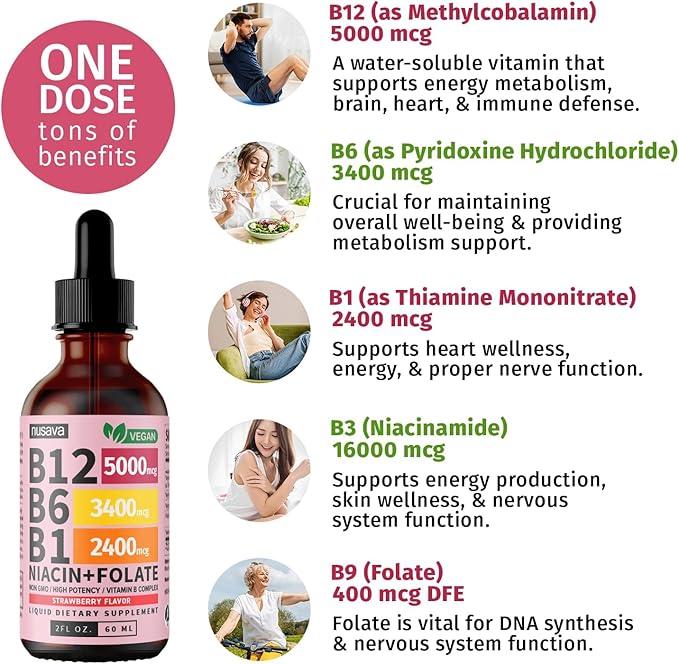 (2 Pack) Vitamin B12 and B6 Liquid Drops, B12 Sublingual Vitamin B Complex - B 12 Vitamin 5000mcg - B12 Methylcobalamin for Energy, Brain, and Heart Support with 27,200 mcg, Strawberry, 80 Servings