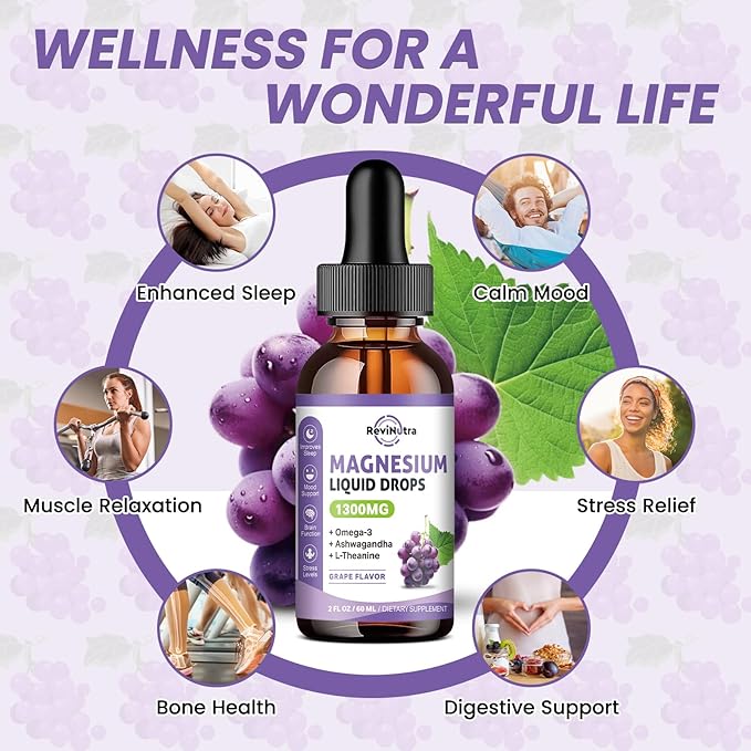 Triple Magnesium Complex Liquid Drops - 1300mg Magnesium Glycinate, Taurate & Citrate with Omega3, L-Theanine, Ashwagandha, Potassium - Support Sleep, Nerve, Immune, Energy - Grape Flavor, 2 Fl OZ