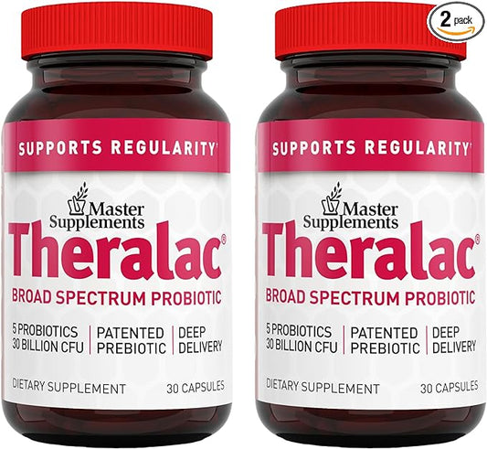 Master Supplements Theralac - 30 Capsules, Pack of 2 - Multi-Strain Probiotic for Optimal Gut Health + Gas & Bloating Relief - Gluten Free - 60 Servings