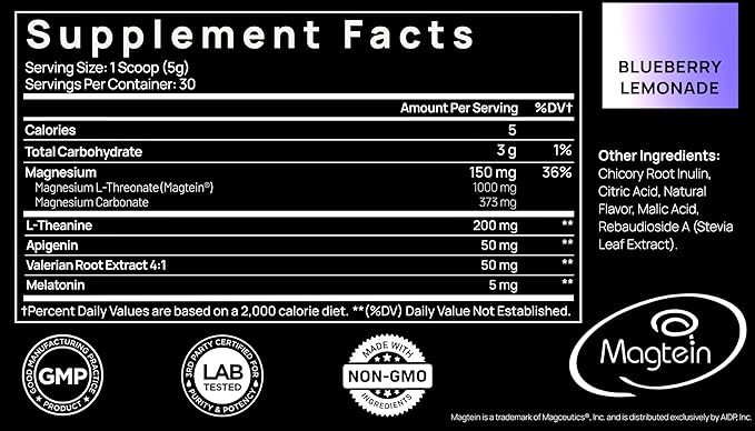 Triple Sleep Magnesium L-Threonate Powder w. Apigenin, L-Theanine + Melatonin - Magtein Magnesium L Threonate Supplement - High Strength Magnesium for Deep Sleep & Calm Natural Sleep Aid for Adults