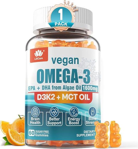 Vegan Omega3 Gummies 1280mg + Vitamin D3 K2, Sugar Free Omega 3 Fish Oil Alternative w/EPA 600mg & DHA 400mg & MCT Oil, No Fish Taste, from Marine Algae Oil, for Brain, Eye, Immunity, 1 Pack