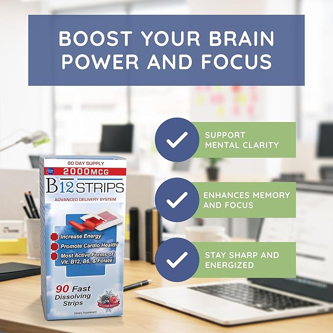 2,000 mcg Methylcobalamin Vitamin B12 Sublingual Energy Strips | Biotin, B6, 5-MTHF L-Methylfolate | Sublingual B12 Vitamins, Folate | Energy, Brain Health, Nerve Function - 90 Strips