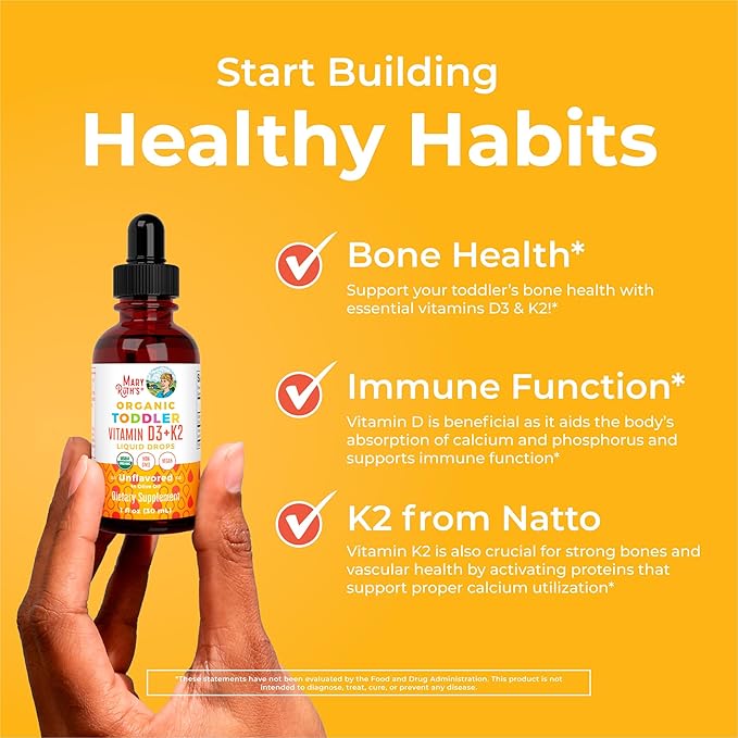 MaryRuth Organics Vitamin D3 | Vitamin K2 | Vitamin D3 K2 Drops | K2 D3 Vitamin Liquid Supplement for Toddlers | Kids Supplement for Calcium Absorption Strong Bones | Vegan | Gluten Free | 1 Fl Oz