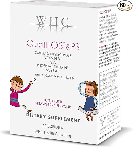 WHC, QuattrO3 & PS, Fish Oil Complex for Children, Omega-3 Triglycerides, Vitamin D3, GLA, Phosphatidylserine, Soy Free, Tutti-Frutti Strawberry Flavor, 60 Softgels