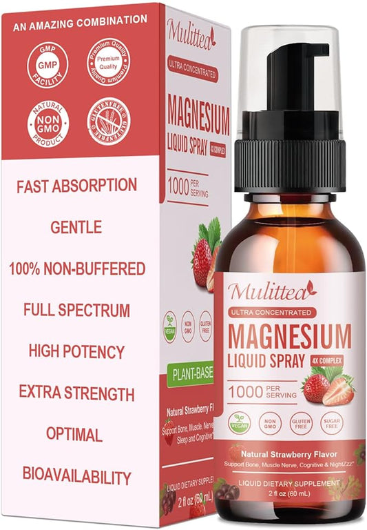 Magnesium Glycinate Liquid Spray with Citrate, Oxide & Malate, Magnesium with Whole Vitamin, L-Theanine, D3K2, B6 for Heart, Leg Cramps,Muscles&Energy- Sugar-Free Strawberry Flavor, 2 Fl Oz