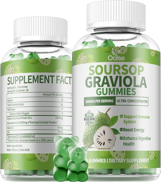 Soursop Graviola Gummies, Sour SOP Leaves & Fruit Extract Plus Vitamin C and Zinc, Soursop Bitters for Immune Support, (60 Count) - Sugar Free, Vegan, Gluten Free