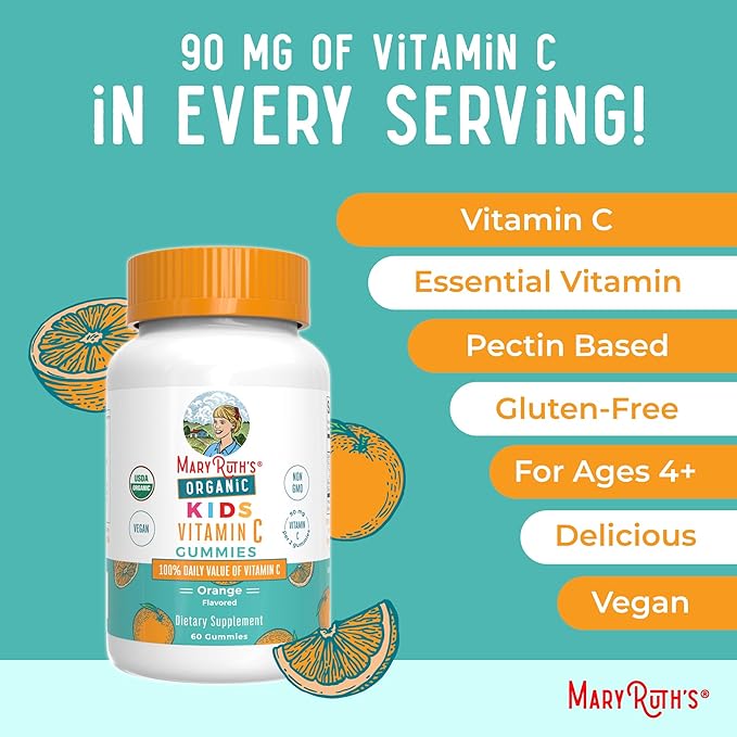 MaryRuth Organics Kids Vitamin C Gummies | Supplement for Immune Support & Overall Health | Vitamin C for Kids Ages 4+ | USDA Organic | Vegan | Non-GMO | 60 Servings