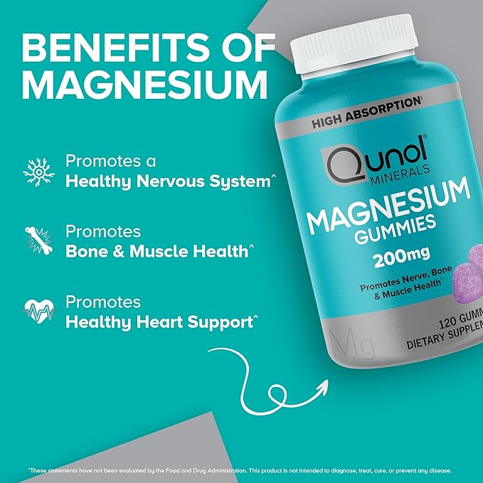 Qunol Magnesium Gummies for Adults, 200mg Elemental Magnesium (from 1,750mg Magnesium Citrate), High Absorption Magnesium Supplement, Supports Nerve, Bone and Muscle Health, Vegetarian, 120 Count