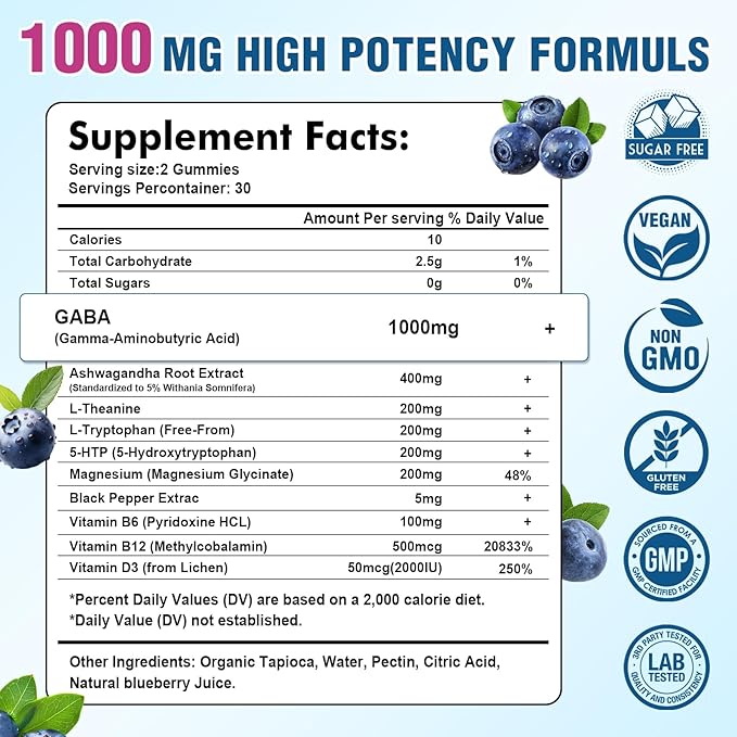 GABA Gummies for Adults, Relaxation, Zzz & Mood – Sugar-Free Calm Gummies with L-Theanine, 5-HTP, Vitamin D3 – Natural Zzz Support, GABA Supplements for Kids, 60 Count