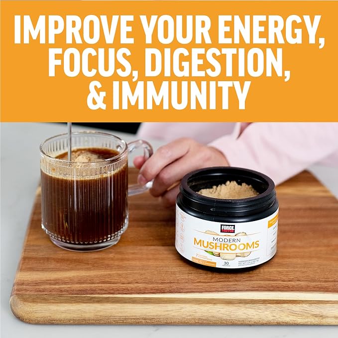 Force Factor Modern Mushrooms Powder, Mushroom Supplement to Support Energy, Focus, Immunity, & Digestion with Cordyceps, Turkey Tail, Chaga, Reishi, Lion’s Mane, Shiitake, Unflavored, 30 Servings