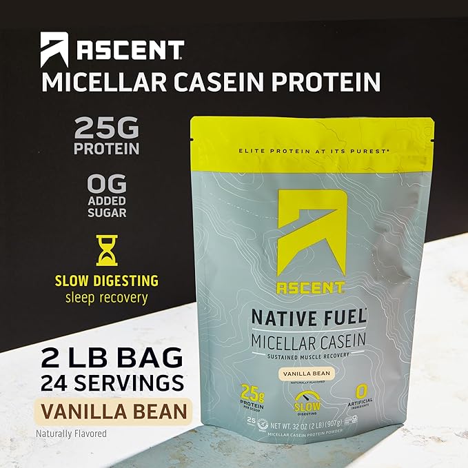Ascent Casein Protein Powder - 25g Micellar Casein Powder with Zero Artificial Flavors & Sweeteners, Gluten-Free, No Added Sugar, 4.9g BCAA, 2.2g Leucine - Vanilla Bean, 2 Pounds
