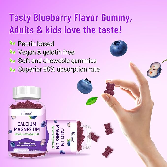Calcium Magnesium Zinc Gummies with Vitamin D3 & B12, Sugar Free Calcium Supplements for Women Men, Support Immunity, Vegan Blueberry Flavor