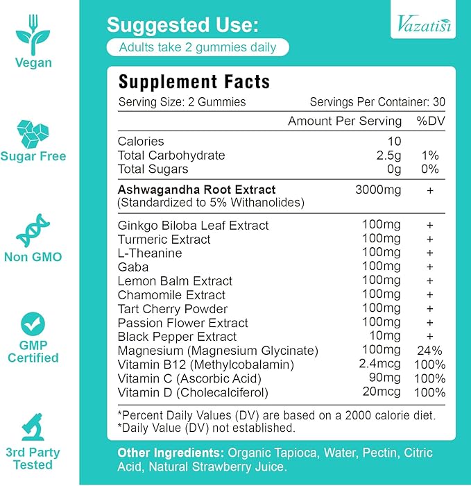 Ashwagandha Gummies with Turmeric GABA Mood Energy and Immune Support, Strawberry Flavor 60 Cts