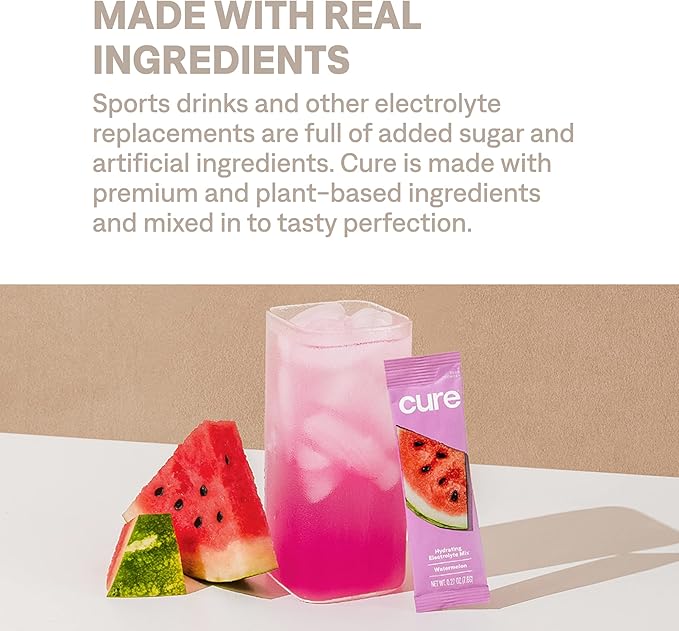 Cure Hydration | Plant-Based Electrolyte Drink Mix | No Added Sugar | FSA & HSA | Dehydration Relief Powder Made with Coconut Water | Non-GMO | Vegan | Pouch of 14 Packets - Waternelon