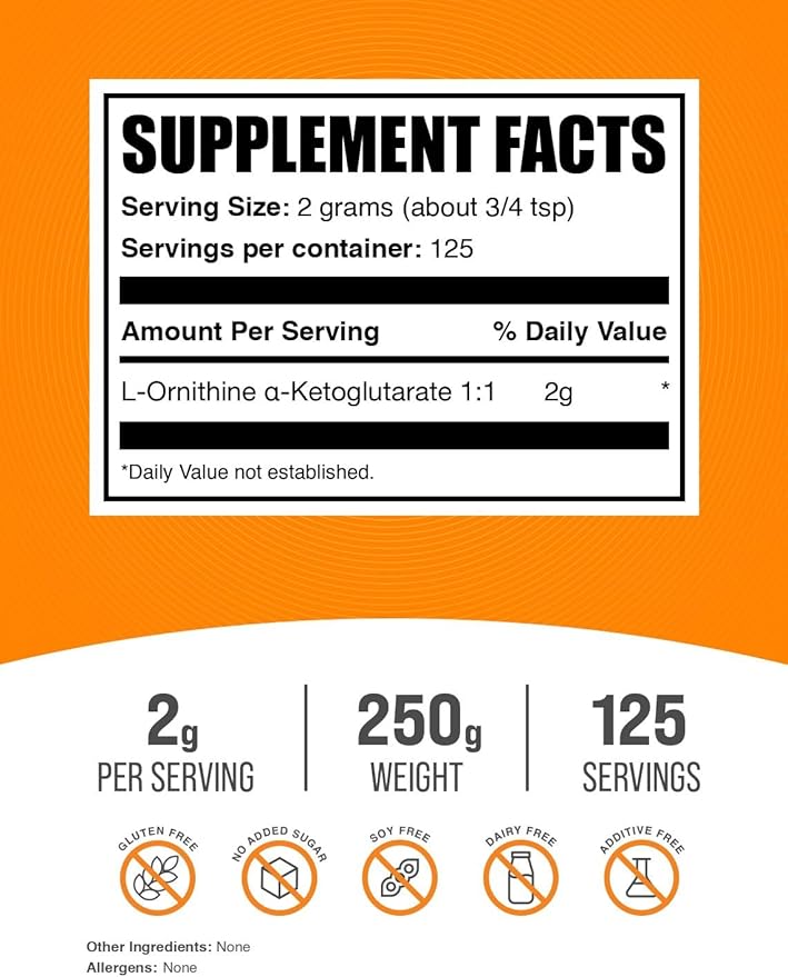 BulkSupplements.com L-Ornithine Alpha-Ketoglutarate Powder - OKG Supplement, Nitric Oxide Supplement, Ornithine Supplement - Gluten Free, 2000mg per Serving, 250g (8.8 oz) (Pack of 1)