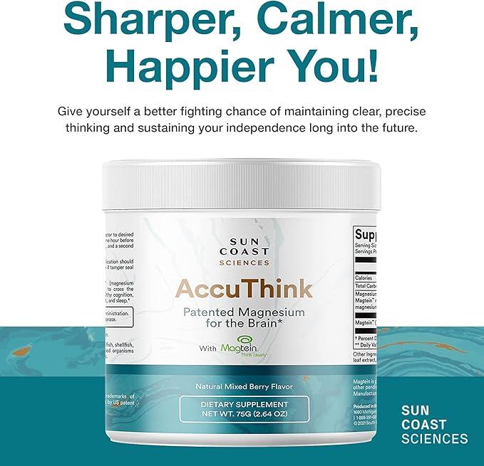Sun Coast Science Sun Coast Sciences AccuThink - Patented Magnesium Brain - 2.64oz Memory Supplement Brain Health, Sleep, Mood Boost - Cognitive Support Supplement Magnesium Threonate Vitamin C