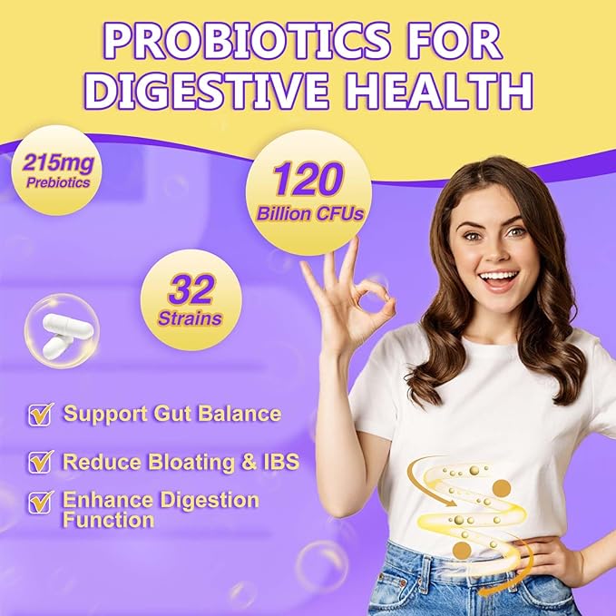 Probiotics for Women & Men Digestive Health，120 Billion CFUs, Prebiotics and Probiotics for Gut Health, D3, Zinc & Immune Support Herbs, Detox Cleanse, 45 Day - 3 Month Supply