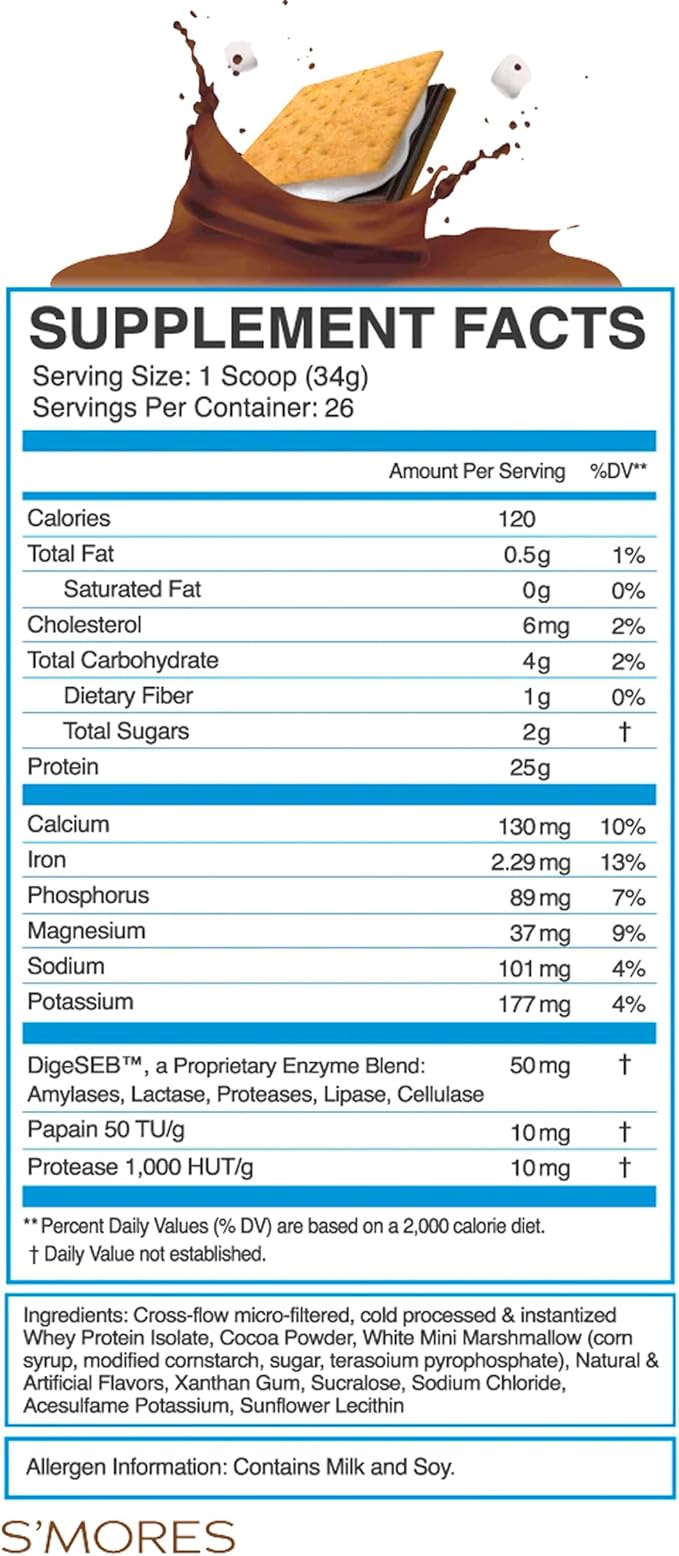 eFlow Nutrition 100% Whey Protein Isolate - Gluten & Lactose-Free Digestive Enzymes Added, Low Carb, Post Workout Shake, Fast Digesting for Optimal Muscle Recovery - S'Mores (26 Servings)