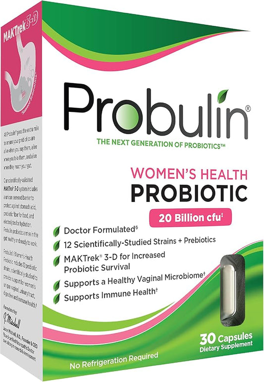 Probulin Women’s Health Probiotic + Prebiotic for Vaginal, Gut & Immune Health - 20 Billion CFU - 12 Probiotic Strains, 30 Vegan Capsules