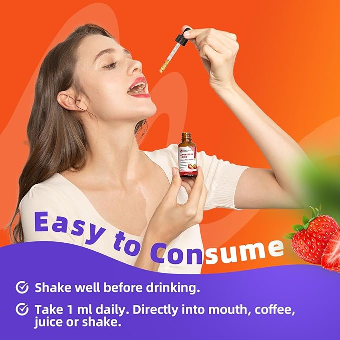 Magnesium Glycinate Liquid, High Absorption Magnesium Liquid Drops with Cellulose Fiber, Bromelain, Vitamin B6, C, D, Zinc, Magnesium Supplement for Kids and Adults, Strawberry Flavor, 2 Pack