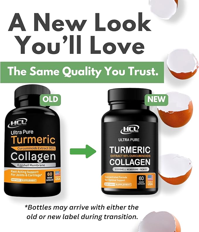 Turmeric Curcumin 95% Extract & Collagen Capsules - NEM Promotes Knee Comfort & Flexibility - Eggshell Membrane w Naturally Occurring Glucosamine Chondroitin Hyaluronic Acid- Made in USA