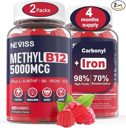 Iron 18mg + B12 Vitamins 5000 mcg Gummies for Adults Women & Men - w/Ultra Strength Active Methyl B-12, L-MethylFolate & B6 (P5P) - Carbonyl Iron Supplement Gummy for Energy, Immune & Focus,120Cts