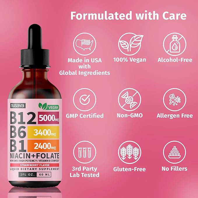 (4 Pack) Vitamin B12 and B6 Liquid Drops, B12 Sublingual Vitamin B Complex - B 12 Vitamin 5000mcg - B12 Methylcobalamin for Energy, Brain, and Heart Support with 27,200 mcg, Strawberry, 80 Servings