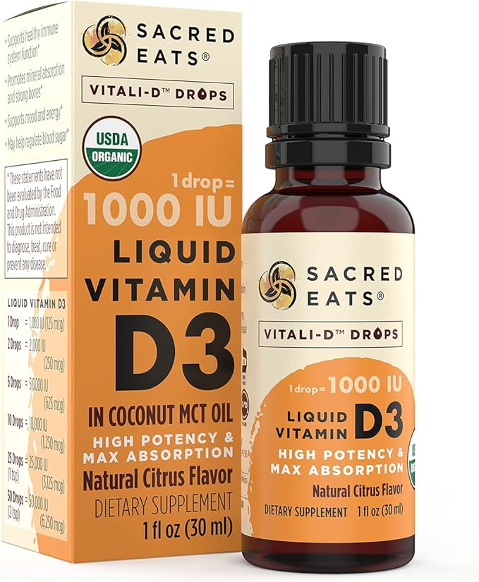 Organic Liquid Vitamin D Drops for Kids & Adults, Sugar Free. Easy to Use 1,000 IU/Drop in Coconut MCT Oil. Lasts Months, Best for High Doses. Max Absorption VIT D3 Supplement. Great Taste (Citrus)