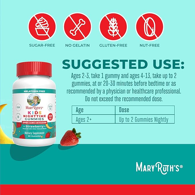 MaryRuth's Kids Nighttime Gummies | Sugar Free | NO Melatonin Gummies with L Theanine, Lemon Balm, Chamomile, Vitamin B6 | Relaxation Support for Kids 2+ | Vegan | Non-GMO | Gluten Free | 60 Count