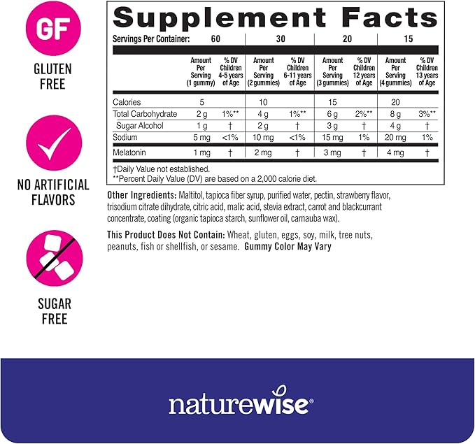 NatureWise Kids Melatonin 1 mg Sugar-Free Gummies for Children Ages 4 & Up - Non-Habit Forming Sleep Aid - Strawberry Flavored - Vegan, No Gluten, Non-GMO - 60 Count[2-Month Supply]
