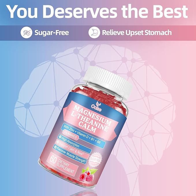 Magnesium Gummies with 2000mg Magnesium, Plus L-Theanine, Zinc, Vitamin D, B1,B6 for Adults and Kids, Stress & Muscle Relief, Sugar Free，Raspberry (60 Counts)