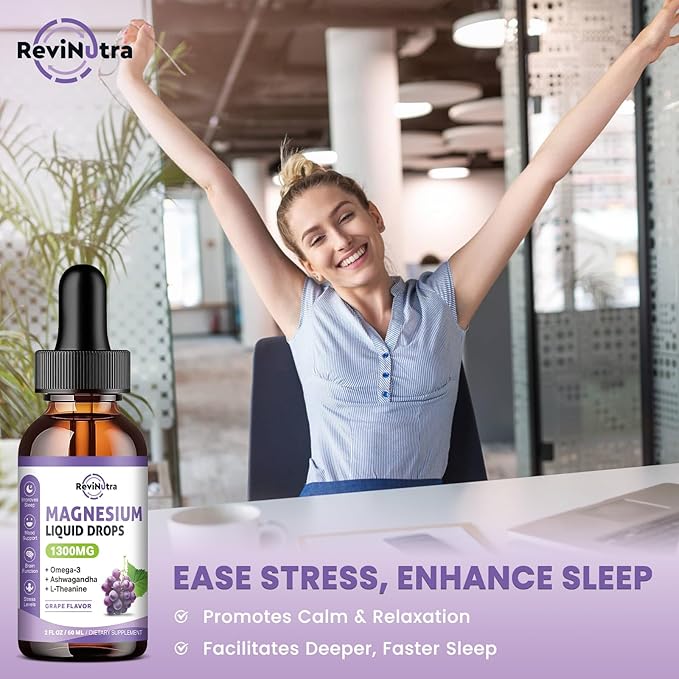 Triple Magnesium Complex Liquid Drops - 1300mg Magnesium Glycinate, Taurate & Citrate with Omega3, L-Theanine, Ashwagandha, Potassium - Support Sleep, Nerve, Immune, Energy - Grape Flavor, 2 Fl OZ