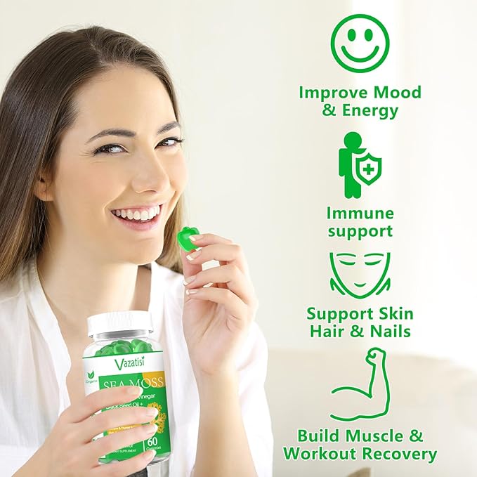 2 Pack Organic Irish Sea Moss Gummies with Black Seed Oil, Chlorophyll - Thyroid, Mood, Energy & Immune Support - Women & Men, Adult & Kid - 120 Vegan Gummies