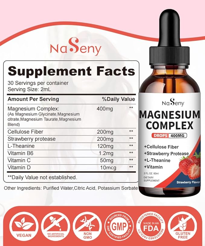 Liquid Magnesium Glycinate 400mg, Kids Magnesium Complex Drops with Vitamin B C D for Bone Health,Relaxation and Sleep Non GMO Gluten Free (2 Fl Oz/1PCS)