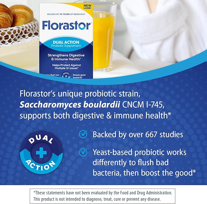 Florastor Probiotics for Digestive and Immune Health, 54 Capsules, Probiotics for Women & Men, Helps Flush Out Bad Bacteria, Boosts The Good with Our Strain Saccharomyces Boulardii, Packaging May Vary