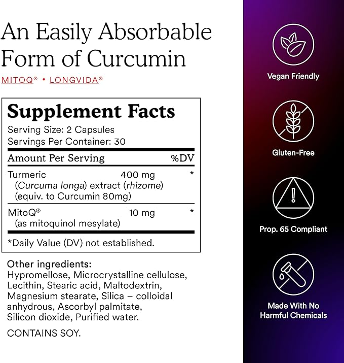 MitoQ Curcumin Advanced CoQ10 Antioxidant - Contains Mitoquinol Mesylate & Super Bioavailable Longvida Curcumin Turmeric - Supports Immunity, Digestive Health, & Cell Vitality (60 Capsules)