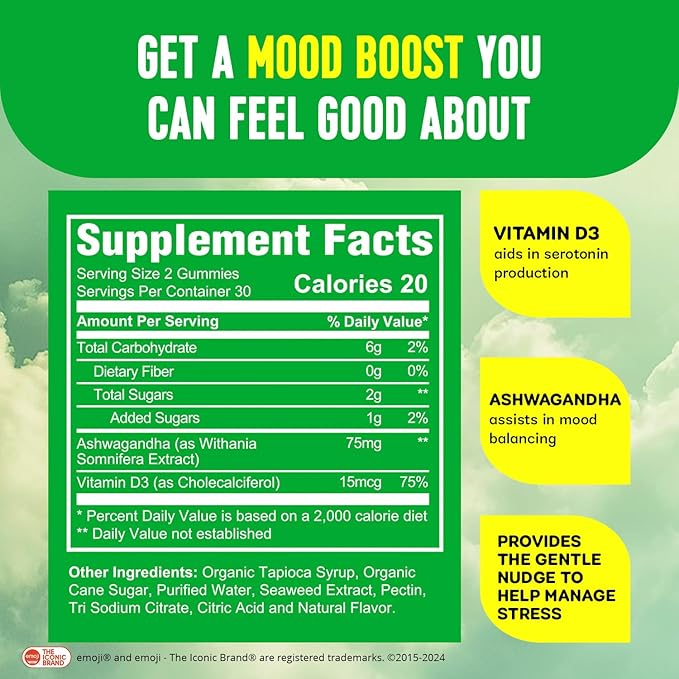 HEARTY Mood Support Supplement Gummies, Organic Ashwagandha Gummies for Women & Men, Mood Gummies for Kids, Chewable Vitamin D Gummy, Vegan Vitamin D3 Energy Supplements, 60 Count