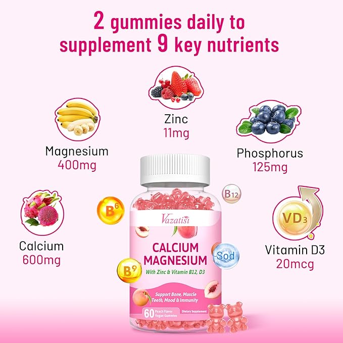 Calcium Magnesium Zinc Gummies with Vitamin D3 B12, Calcium Supplements for Women Men, Support Immunity, Peach Flavor 60 Cts