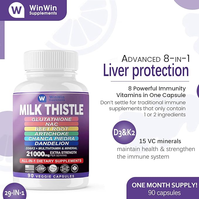 Milk Thistle Supplement 15000mg Organic Artichoke Chanca Piedra Dandelion Liver Protection Supplement Contains Glutathione NAC Beetroot Powder D3&K2 vitamins Mineral (29-IN-1)Made In USA