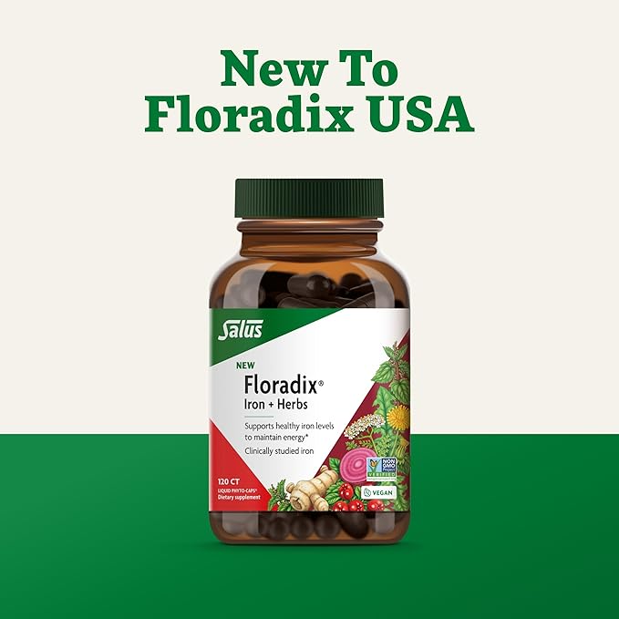 Floradix Iron + Herbs - Iron Supplement for Healthy Energy Support - Vegan, Non-GMO, Gluten-Free, Soy-Free - 120 Liquid Phyto-Caps