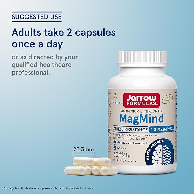 Jarrow Formulas Magnesium L-Threonate, MagMind Stress Resistance with L-Theanine and Rhodiolife, High Absorption Magnesium, Stress Relief and Mood Support, 60 Veggie Capsules, Up to a 30 Day Supply