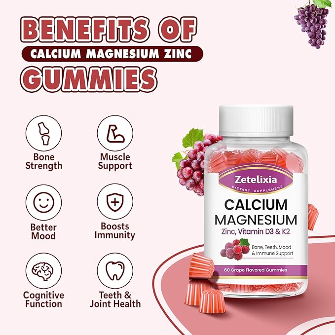 Calcium Gummies, Calcium Magnesium Zinc with Vitamin D3 & K2, Calcium Magnesium Supplement for B0nes Muscles, Grape Flavor - 60 Count