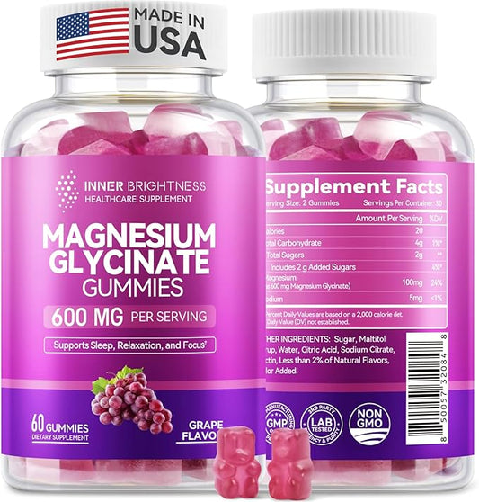 Magnesium Glycinate Gummies 600mg, Non-GMO, Gluten-Free, Magnesium Gummies for Adults & Kids, Sleep, Relaxation & Focus, Grape Flavor, 60 Count