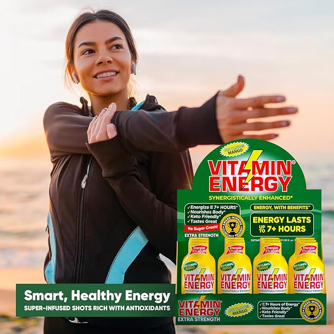 Vitamin Energy B12 11,000% Extra Strength Energy Shot Mango 12 Pack, 260mg Natural Caffeine, B12 & B6, Nootropic Focus, Vitality, Zero Sugar, Gluten-Free, Vegan, Kosher, 1.93 fl oz