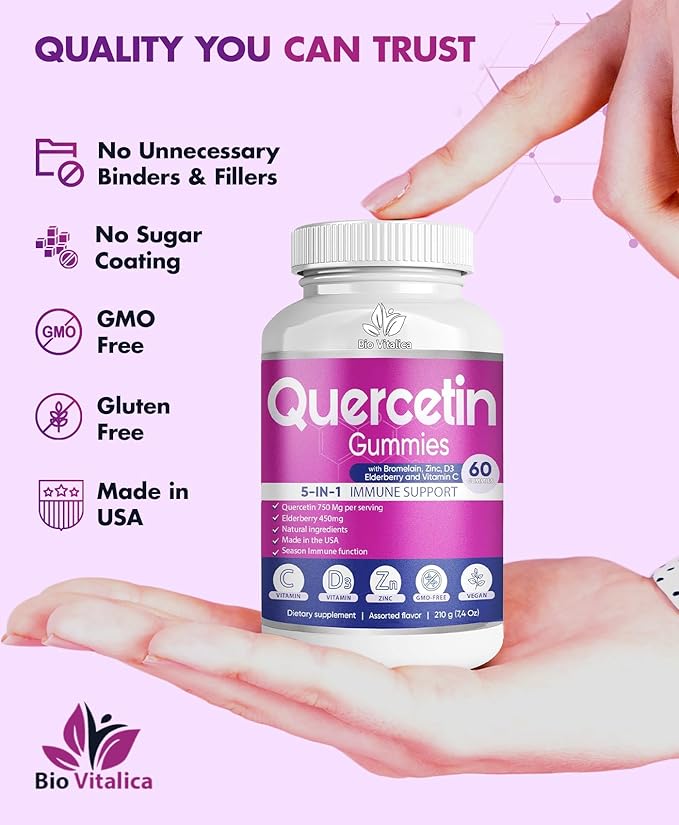 BIO VITALICA Quercetin Gummies by BioVitalica - Quercetin with Bromelain Vitamin C and Zinc & Elderberry + Vitamin D3-5 in 1 Immune Support - Zinc Quercetin 750 mg for Kids and Adults (1)