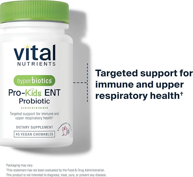 Hyperbiotics Vital Nutrients Pro Kids Probiotic ENT | Toddler Probiotics for Kids Ear, Nose and Throat | Targeted Immune and Digestive Health | Strawberry-Vanilla 45 Sugar-Free Chewable Tablets
