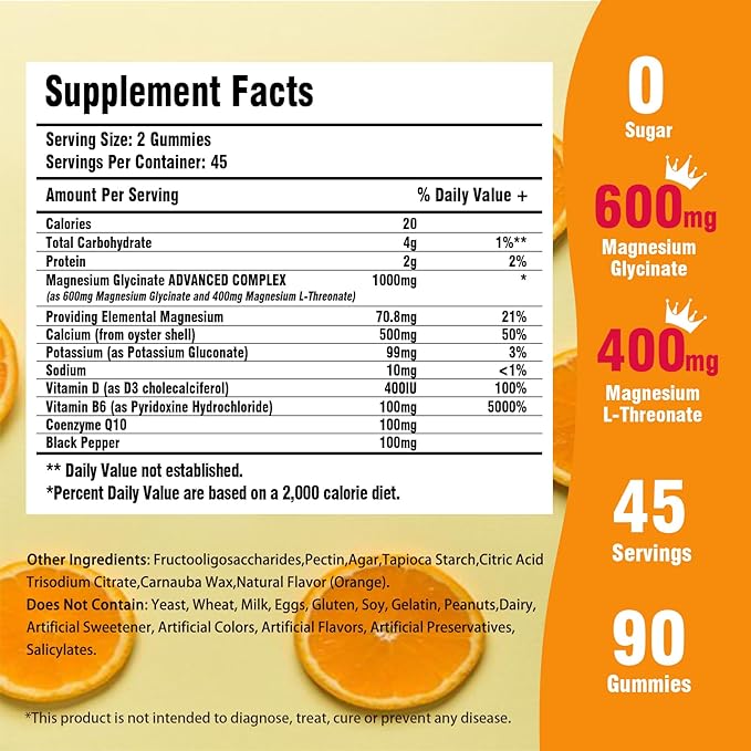 Magnesium Glycinate Gummies for Adults & Kids, 1000mg High Absorption Magnesium Complex Supplement, Sugar Free with Potassium,Vitamins for Calm, Sleep Supprt, Stress Relief, 180 Counts Orange